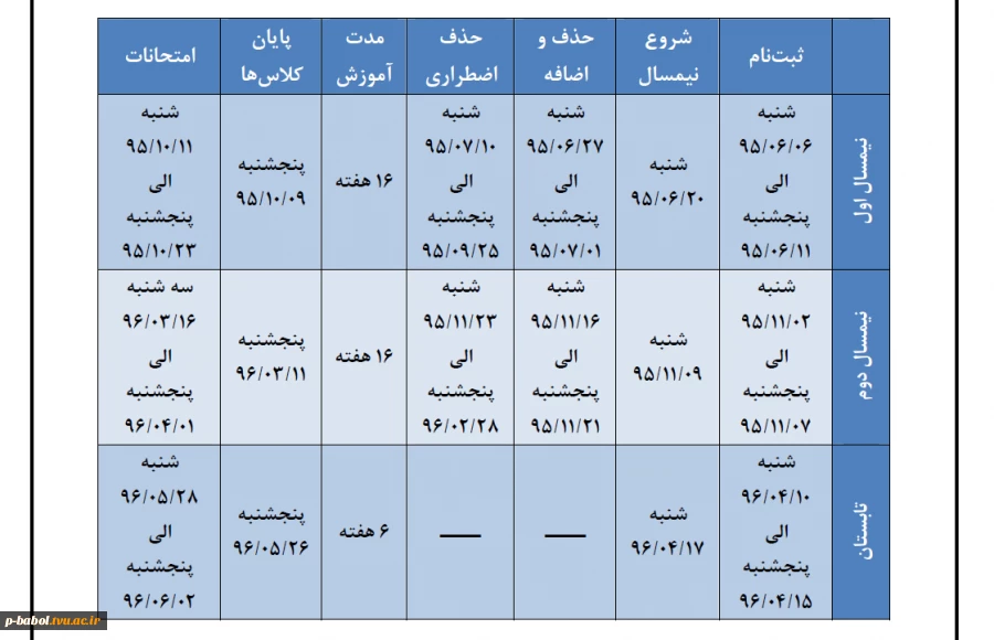 تقویم آموزشی دانشگاه  برای نیمسال اول و دوم و تابستان سال تحصیلی 96-95 2