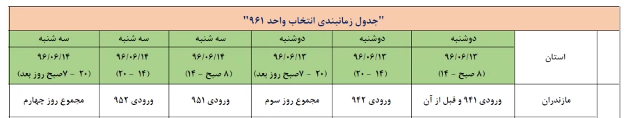 جدول زمانبندی انتخاب واحد 961 2