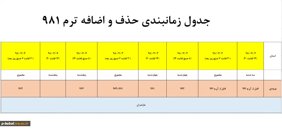 جدول زمانبندی حذف و اضافه ترم 981 2