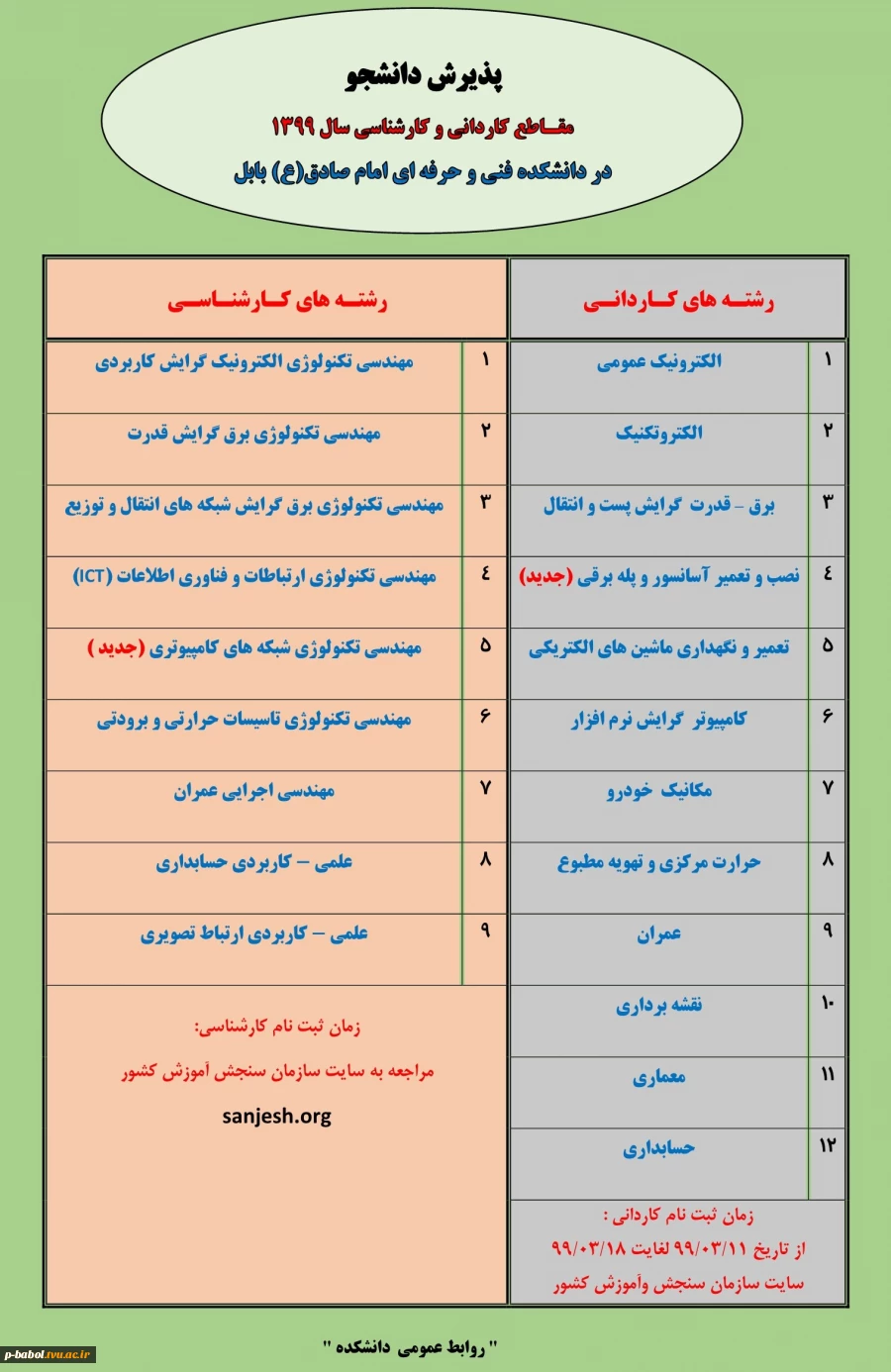 پذیرش دانشجو در مقاطع کاردانیو کارشناسی ناپیوسته 1399
دانشکده فنی امام صادق(ع) بابل 2