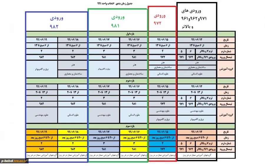 بازه زمانی انتخاب واحد ترم 991 - از 12 تا 19شهریور ماه
به تفکیک گروه های آموزشی 2