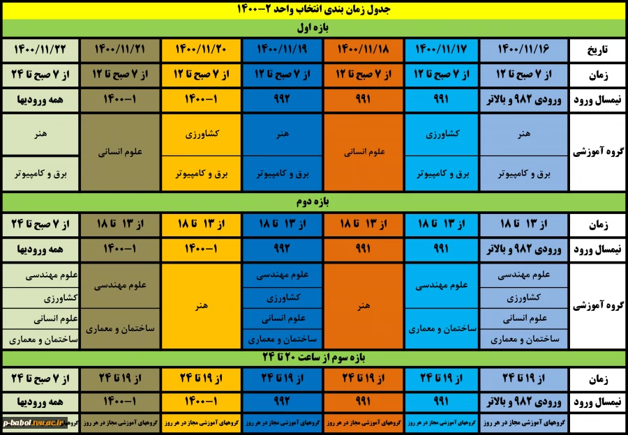 جدول زمان بندی انتخاب واحد ترم بهمن 1400(002) 2