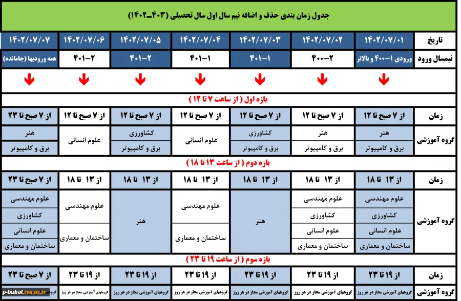 جدول زمان بندی "انتخاب واحد"  و "حذف و اضافه" نیمسال اول سال تحصیلی (403ـ1402) 2